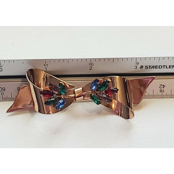 Rare Vintage Signed Coro Sterling Craft Multi-Color Rhinestone Bow Brooch Pin - Picture 5 of 8